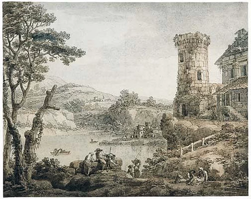 Un capriccio con edifici e una torre intorno a un lago